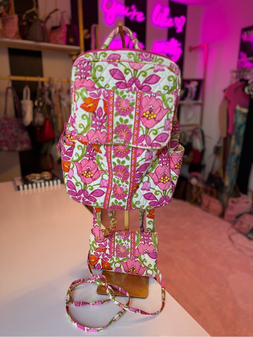 🌸 RARE Retired Vera Bradley Lilli Bell Backpack + Crossbody Wallet Set Pink Y2K